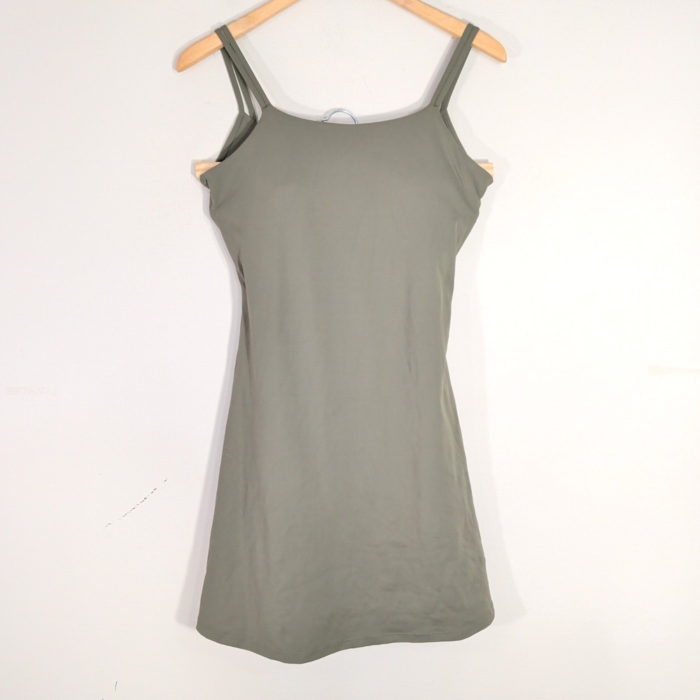 Olive Green Exercise Dress; Cutout Back, Built-in Bra, Mini Length